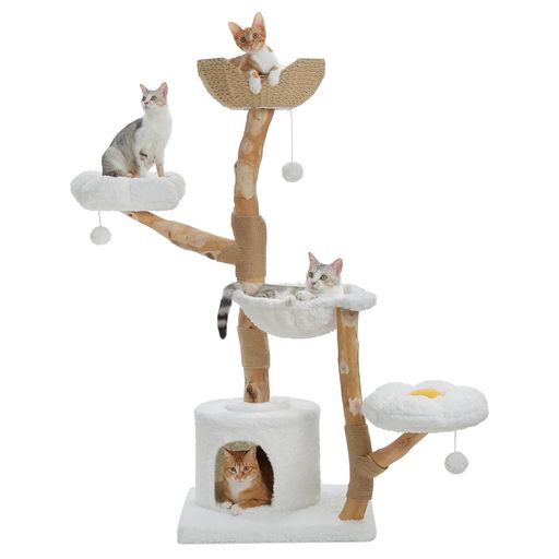 PETEPELA(ぺテぺラ) キャットタワー 木製 大型猫 ミニ 無垢材 手編みカゴ 天然木 梨の木 猫タワー モフモフ ふわふわ 多頭飼い 据え置き コンパクト 猫 爪研ぎ 麻紐 猫ハウス 展望台 おもちゃ…|アクアデイリーストア