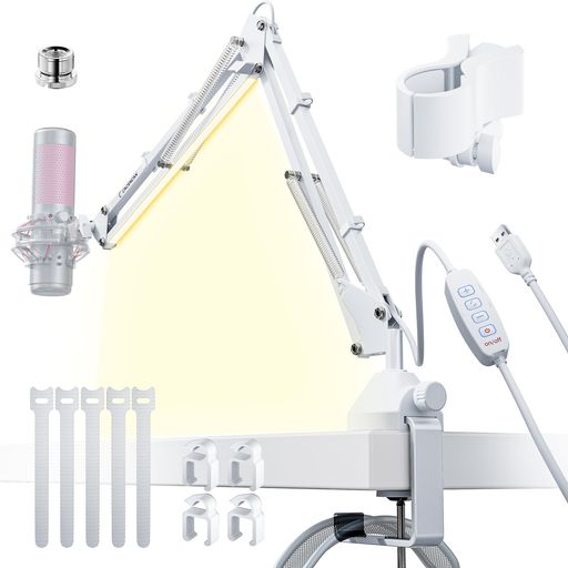 CACENCANML-06マイクアームマイクスタンド卓上LEDライト付きデスクライトアームライトled目に優しい電球色・白色・昼光色マイクブームアーム3/8”-5/8”変換ネジ付き