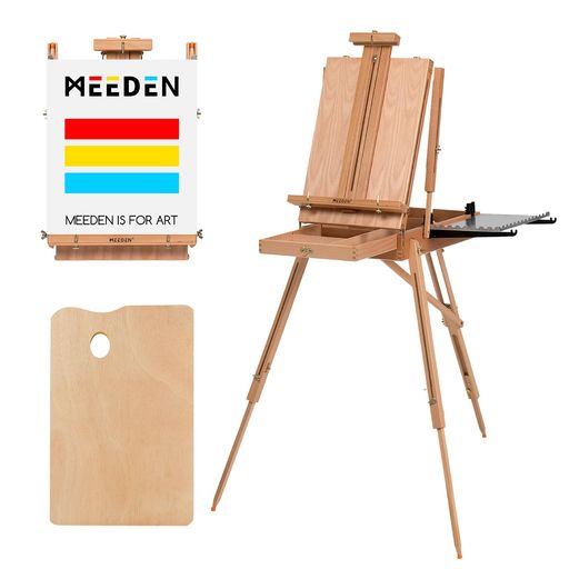 MEEDENフレンチイーゼルブナ木製三脚画架携帯可能145-183cm角度調節パレット付き肩ベルト付きサイドトレイ付き折りたたみ式最大86cmの張りキャンバスを対応組み立て済み頑丈安定性高い屋…