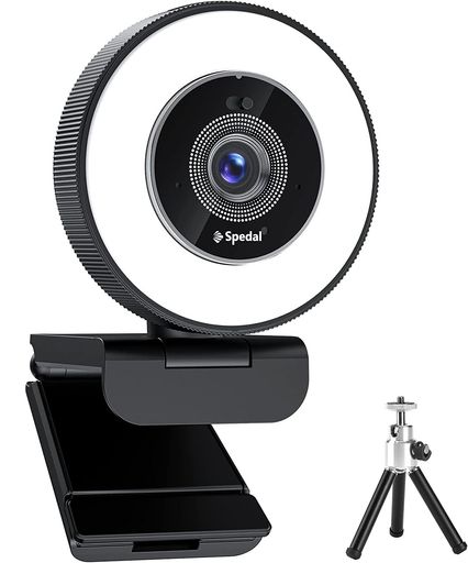 Spedalウェブカメラ4Kリングライト付き、プライバシーカバー内蔵&デュアルマイク、快速オートフォーカス、明るさ調整可能、三脚付きUSBストリーミングウェブカメラ(ブラック)