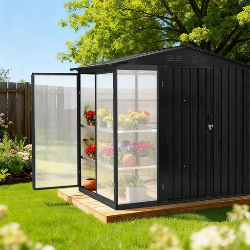 【ブラック&middot;温室付き】 OSJ 物置 屋外 スチール 可動棚 倉庫 戸外収納庫 W180D121H180cm おしゃれ 大型 防さび 防水 ドア付き ロック付き ガーデニング 庭 ベランダ用｜アクアデイリーストア
