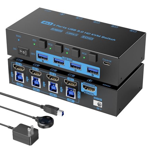 ANXQQ8KKVMスイッチHDMI、4台のコンピューターが1つのディスプレイHDMI切替器を共有、EDID機能をサポート、4つのUSB3.0ポートを備えたKVMSwitch、有線リモコンと電源アダプターが付属