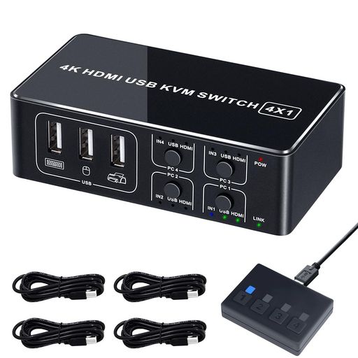 KVMスイッチ4K60HzHDMIUSB切替器PC4台用4入力1出力アルミ制モニター/キーボード/マウス/プリンタを共有リモート切り替えボダンUSBケーブル付き職場テレワーク向けEHD-0610N