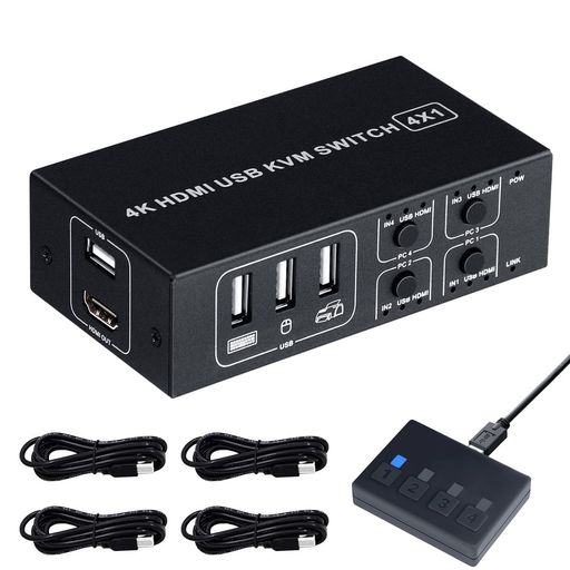 ELEVIEWKVMスイッチ4KHDMIUSB切替器4ポート(PC4台用)4K@60HzHDMI2.0HDCP2.2キーボード/マウス/モニターを共有簡単接続ドライバー不要手元スイッチ&USBケーブル付きEHD-611N