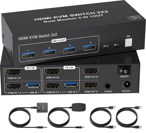 【2パソコンうつり変わり2管する一斉に最終生産物】HDMIKVMうつり変わり器2画面一斉に4K60サイクルデュアル管するHDMIうつり変わり器4つUSB3.0こしき付き添い人KVMスイッチャーキーボードマウスプリンタースキャナー分かち合うデュアル管する一斉に書きあらわす