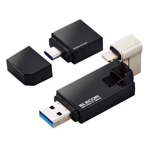 エレコム USB記憶装置 128GB iPhone/iPad相応う [MFI公許品] 稲妻 Type-C取り替えっこアダプター付 黒いこと MF-LGU3B128GBK