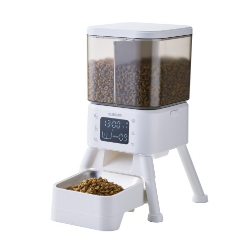 エレコム 自動給餌器 2種フード対応 4L (約2.2kg) フードボウル高さあり 吐き戻し予防 蓋ロック 乾燥剤付属 ステンレス ホワイト PET-AF08WH