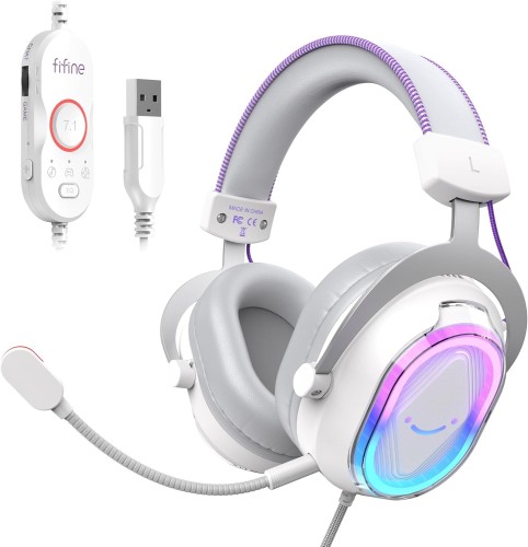 FIFINE ゲーミングヘッドセット USB 有線繋ぎ合わせる Game/Chat物音平衡にする科学技術 7.1サラウンド音声 なおなお書き5/なおなお書き4/パソコン/Mac相応う 力くらべ ライブ送達当て嵌める 抑えつける可RGB点火装置 脱着式ノイキャンマイク付き添い人 頭顱書き割り 白いこと H13WP