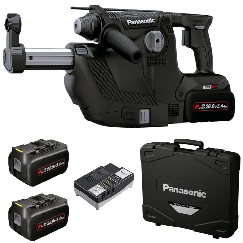 パナソニック(Panasonic) 申し受ける金鎚せん孔機 28.8V 3.4Ah蓄電池容器に並べる×2個/申し受ける器/集塵取り合わせ/容れもの付 集塵取り合わせ積み上げる 混凝土~Φ28粍 甲板つき抜ける IP56 EZ7881マイコン2V-B 黒いこと