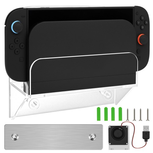 Geekria アクリル 壁掛け 冷却ドック Nintenndo Switch 2 / OLEDに対応 静音 冷却ファンを搭載 ドリル/接着剤固定 垂直 省スペース スタンド (クリア)
