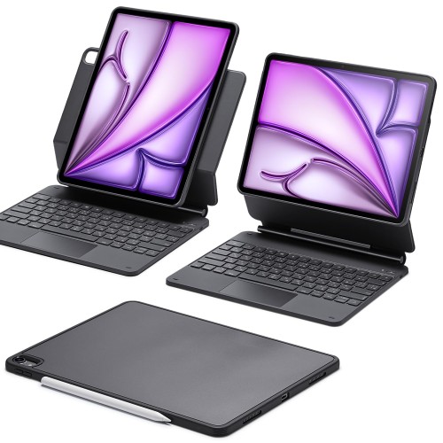 ESR iPad Air 13in用鍵盤付き添い人入れもの M4/M3/M2 (2026/2025/2024) 飾り気の無い仕掛ける磁石式照明ランプ 縦針路/横向き流行り物 マルチタッチトラックパッド付き添い人着脱能力のある入れもの Rebound360つづき物 黒いこと