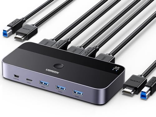 UGREEN KVMうつり変わり器 2インプット1最終生産物 KVM うつり変わり器 4K@60サイクル HDMI KVM取り替えっこ １番ウッド不必要 USB3.0  USB C うつり変わり器 鍵盤 二十日鼠 管するを分かちあう USB セレクター AVセレクター