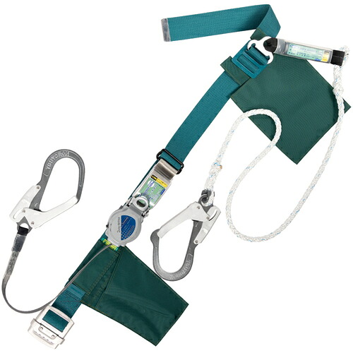 藤井電工 TSUYORON 胴ベルト型墜落制止用器具（巻取タイプ）ランヤード2丁掛け仕様 ロック機構付き2WAYリトラ・ロープ式 青緑 Lサイズ 幅50MM&times;長さ1400MM TB2TRL593SAF5931BGLJANBX [39-084744]｜ＤＡＩＳＨＩＮ工具箱　店