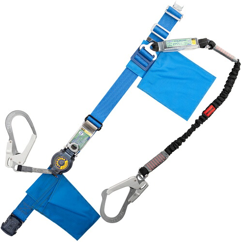 藤井電工 TSUYORON 胴ベルト型墜落制止用器具（巻取タイプ）ランヤード2丁掛け仕様 ロック機構付きロックリトラ・伸縮式ノビロン（BK）青 Mサイズ 幅50MM×長さ長さ1200MM TB2OTLRL593NV5931BL4BKMJANBP [39-088155]