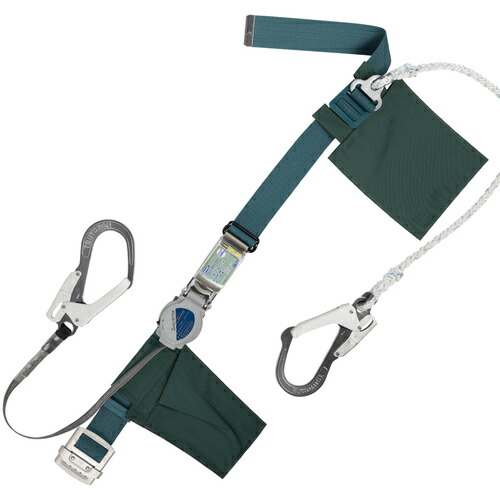 藤井電工 TSUYORON 胴ベルト型墜落制止用器具（巻取タイプ）補助ロープ2丁掛け仕様 ロック機構付き2WAYリトラ+ロープ式補助ロープ 青緑 Mサイズ 幅50MM×長さ1200MM TB-TRL-2-593S-BG-M-JAN-BP [39-059650]