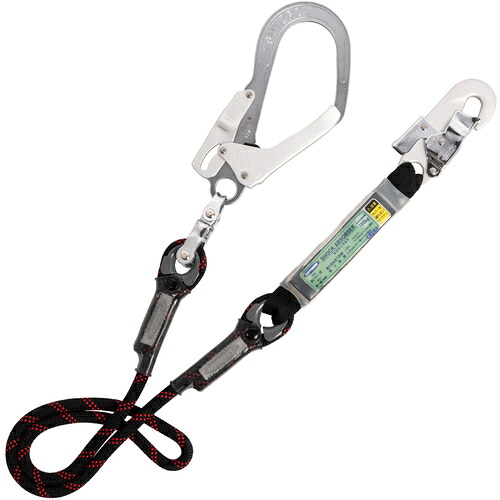 藤井電工 TSUYORON 胴ベルト型墜落制止用器具用ランヤード（ロープタイプ）Gブレード（黒）ショックアブソーバ+フックFS-58・フックFS-93SV ランヤード長さ1100MM TBL-GB93SV-BK-LY110-JAN-BP [39-082375]｜ＤＡＩＳＨＩＮ工具箱　店