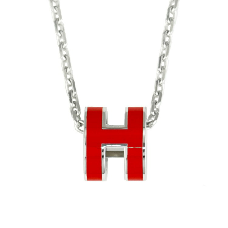 【新品同様】HERMES ポップアッシュ ミニ ペンダント ネックレス Hネックレス ルージュヴィフ レッド シルバー金具 ラッカー メタル ブランドアクセサリー 5454957MX【中古】