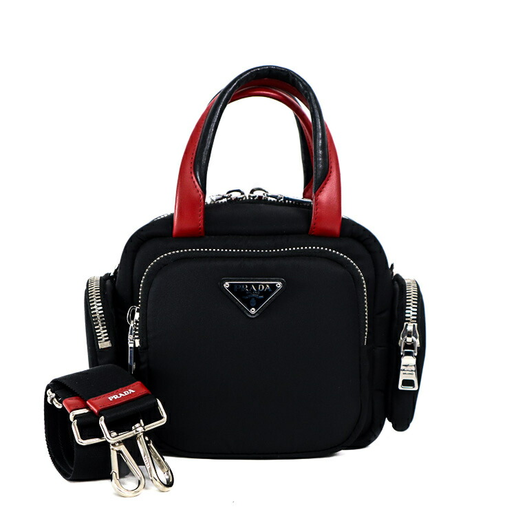 【極美品】PRADA マルチ衣嚢 ロゴタイプ一皿 ショルダーバッグ ハンドバック 1BB061 ナイロン なめし革 黒いこと×赤いこと ブランド名御徒面子 5524013j【中古】