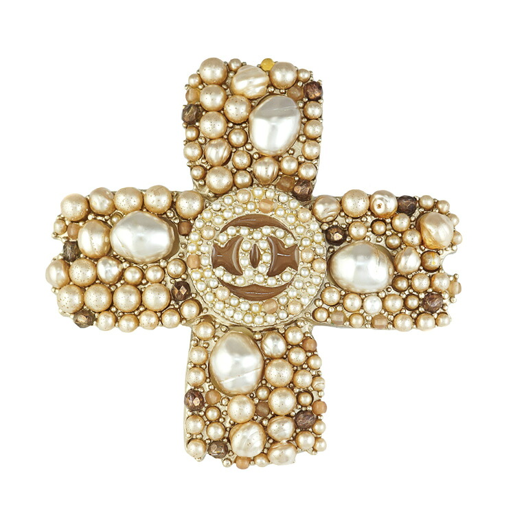 CHANEL ブローチ パール クロス ココマーク シャンパンゴールド シャンパンベージュ ライトブラウン 05A ブランドアクセサリー 3s89212j【中古】