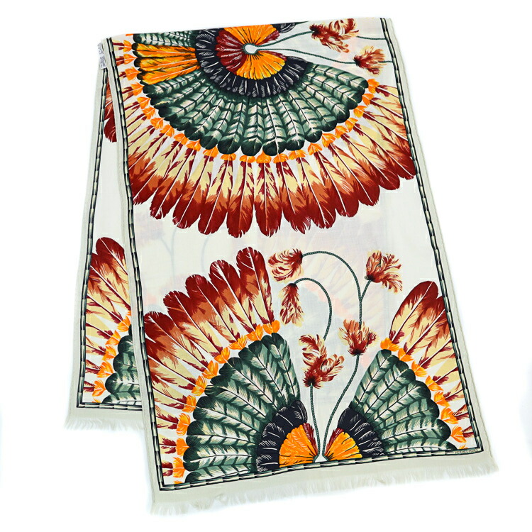 【美品】HERMES レクタングル 袈裟 BRAZIL ブラジル連邦共和国 羽毛 カシミヤ 地絹 白いこと 頭を覆う物 頬べに ブランド名小物 5561335m【中古】