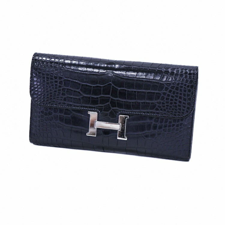 【中古】HERMES コンスタンスロング C刻印 2018年 男女兼用財布 長財布 アリゲーターマット エキゾチックレザー クロコ シルバー金具 ネイビー 5368370J