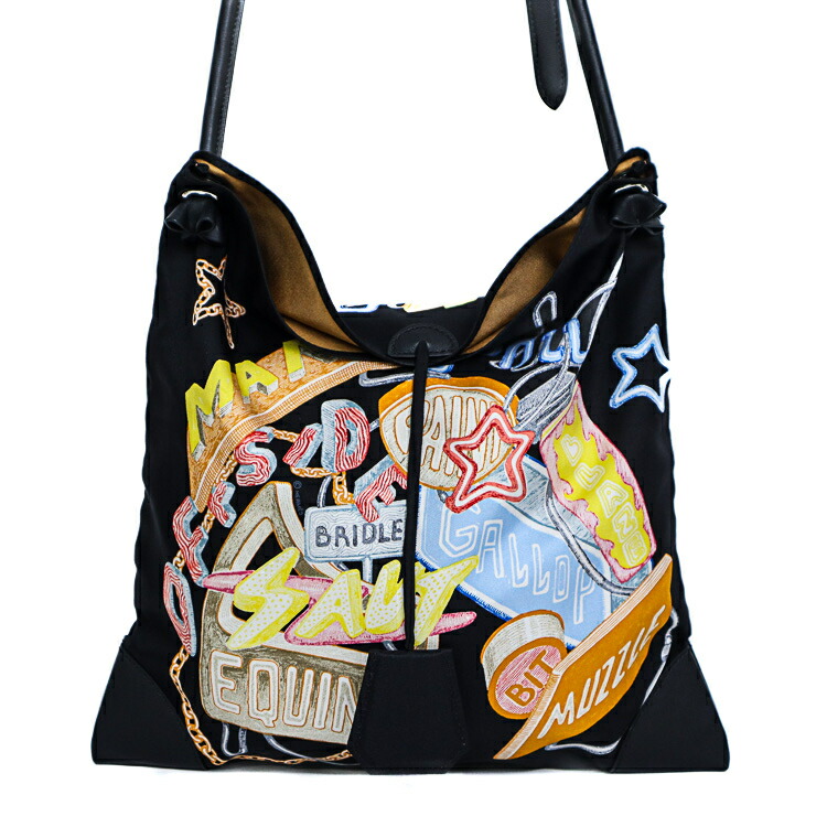【美品】HERMES シルキーシティ PM Chevaloscope Neon シュヴァロスコープ ネオン ショルダーバッグ シルク スイフト ブラック シルバー金具 B刻 ブランドバッグ 5614418j【中古】