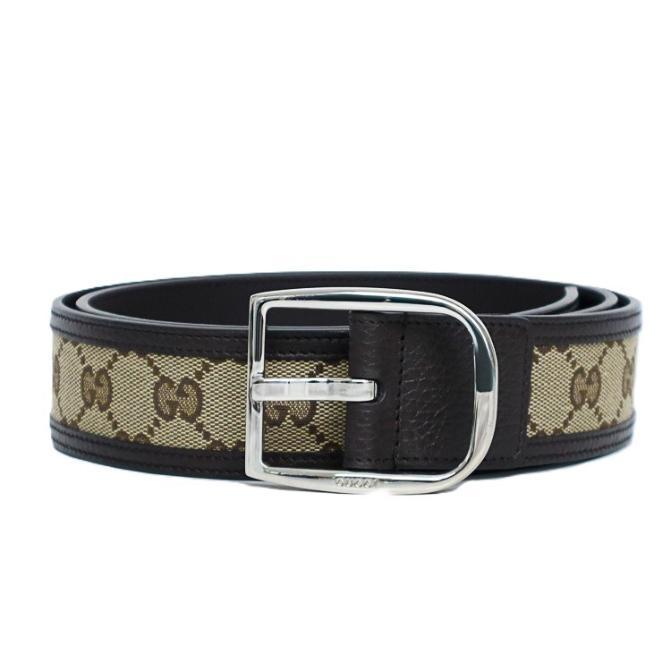 【ほぼ未使用品】GUCCI メンズベルト アウトレット 449716・KY9LN レザー GGキャンバス ベージュ ブラウン シルバー金具 5615480 【中古】