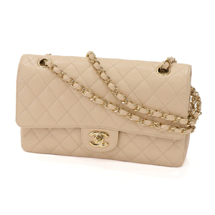 【中古】CHANEL ココマーク マトラッセ25 ダブルフラップ 13番台 レディースショルダーバッグ キャビアスキン ゴールド金具 ベージュ 5523879j