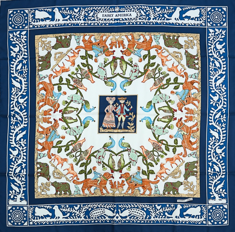【美品】 エルメス カレ90 大判スカーフ EARLY AMERICA 古き良きアメリカ ネイビー ホワイト マルチカラー シルク100％ HERMES 6054526m【中古】