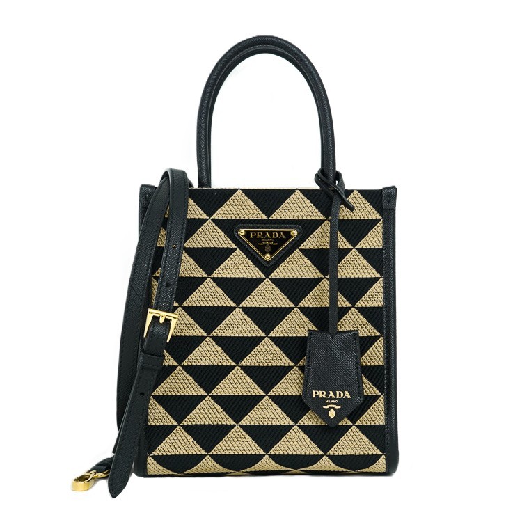【美品】PRADA シンボル エンブロイダリー ジャガードファブリック ミニバッグ レディースバッグ ショルダーバッグ 2Way 1BA355 ジャガードキャンバス サフィアーノレザー ブラック ベージュ 6083117j 【中古】