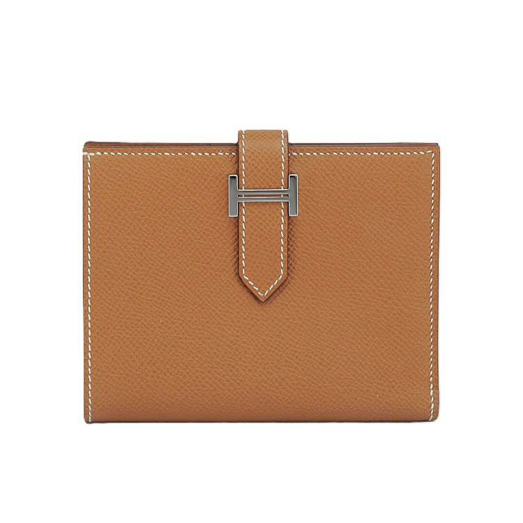 【美品】 エルメス ベアンコンパクト 二つ折り ミニ財布 ヴォーエプソン ゴールド シルバー金具 W刻 ブランドウォレット HERMES 6110117j【中古】