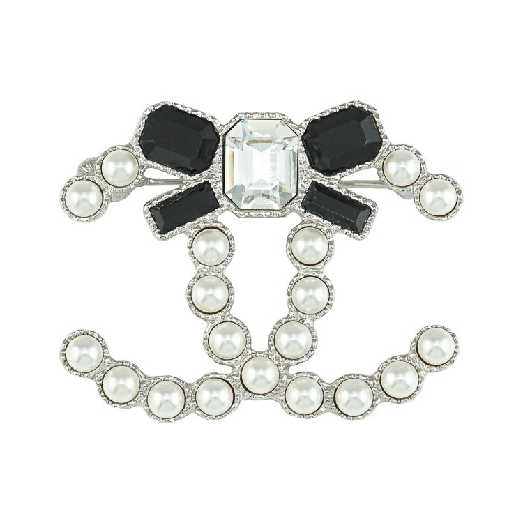 【極美品】CHANEL ブローチ ココマーク パール リボン ABC008 メタル フェイクパール ホワイト ブラック シルバー ブランド小物 6106077m【中古】