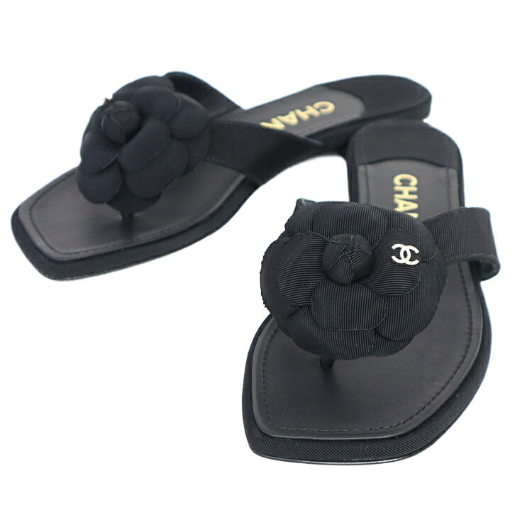 【美品】 シャネル カメリア ココマーク サンダル 35C 22糎 ラグランシュロの葉 なめし革 生産ライン石ころ 黒いこと 砂浜 たまり場 靴 シューズ 【中古】 6283460mｍ
