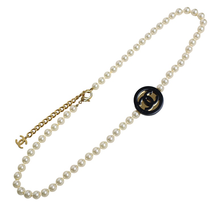 【美品】 シャネル ココマーク フェイクパール ロング ネックレス 2連 ベルト B24B ホワイト ブラック ゴールド アクセサリー 【中古】 6393712jｍ-L｜大進洋行