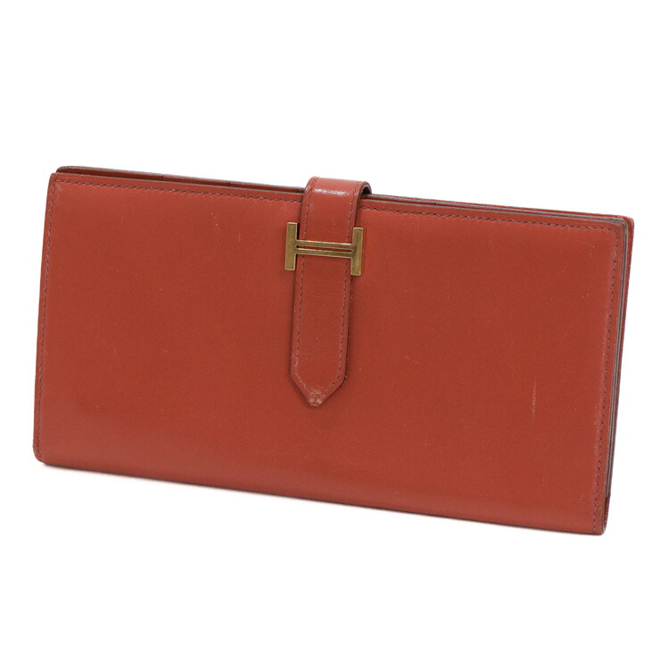 HERMES BEARN SOUFFLE エルメス ベアンスフレ レディース財布 二つ折り 長財布 C刻印 ボックスカーフ レザー オレンジ ゴールド金具 財布 ブランド財布 2394870MT 【中古】