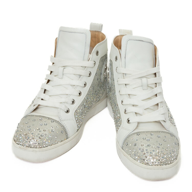 【美品】 CHRISTIAN LOUBOUTIN LOUIS ハイカット スニーカー スワロフスキー 星 ラインストーン 40 1/2 日本サイズ25.5cm メンズシューズ 靴 レザー シルバー ホワイト 4386220M 【中古】