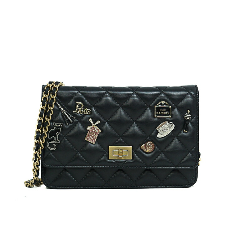 CHANEL マトラッセ 2.55 アイコンチャーム チェーン店ショルダーバッグ チェーンウォレット A80834 カーフレザー 黒いこと ゴールド金具 ショルダーウォレット ブランド名御徒面子 4455838J 【中古】 バッグ-レディースバッグ-バッグ・小物・ブランド雑貨