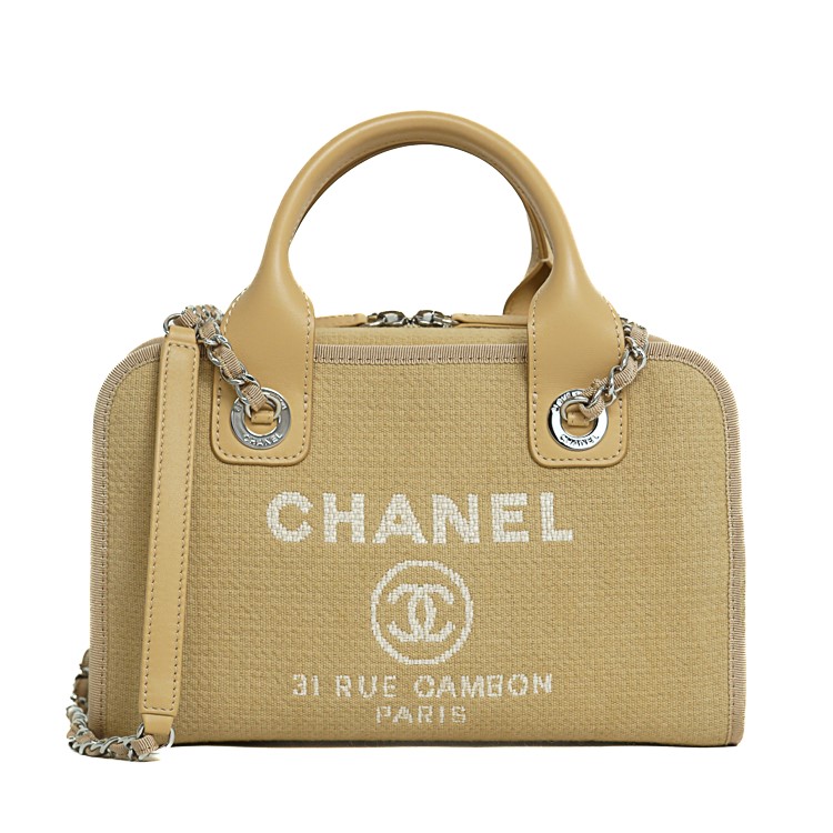 【美品】CHANEL ドーヴィル ボーリングバッグ ハンドバッグ 2way ショルダーバッグ A92749 ベージュ シルバー金具 キャバス レザー ブランドバッグ 4s67235J【中古】