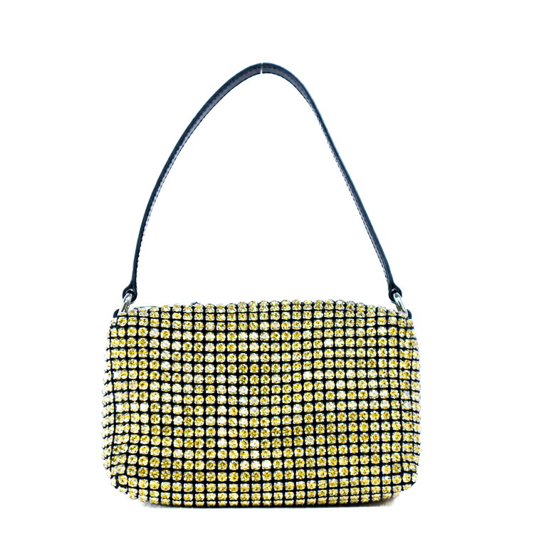 【美品】Alexander Wang アレキサンダーワン HEIRESS ラインストーン メッシュ ポーチ ミニバッグ ハンドバッグ 2019P0813J クリスタルガラス レザー イエロー ブラック レディースバッグ ブランドバッグ 5s24232M【中古】