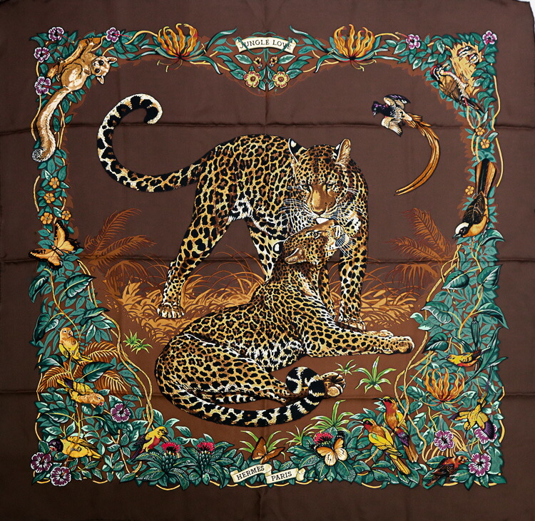【美品】エルメスHERMES プリーツスカーフ ショール箱付！着画ジャングルラブ コーデのアクセントに♪】HERMES カレ90 ジャングル ラブ