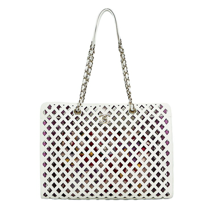 【中古】CHANEL ココマーク ダイヤモンドカット メッシュ 花柄 ポーチ付 レディースバッグ トート ハンド ショルダーバッグ AS2377 2022年 3128**** レザー ホワイト ブランドバッグ 5289332J【中古】