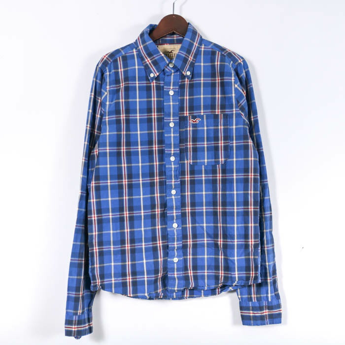 Hollister フード付きチェックシャツ　L 青　メンズ