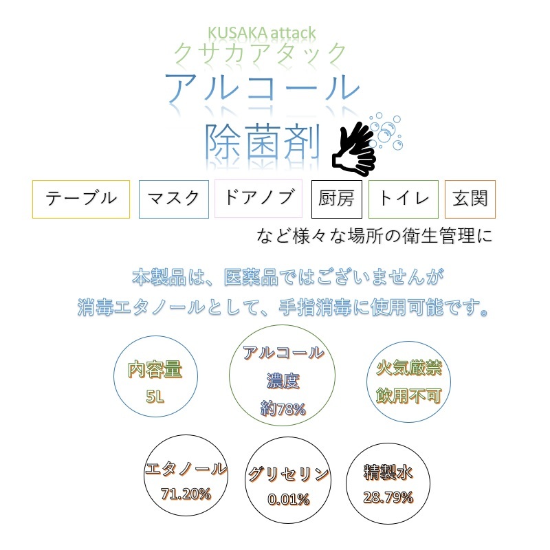 楽天市場 送料無料 アルコール除菌剤 クサカアタック 5ｌ 4本セット 1本あたり 4 990円 メーカー直送 返品 キャンセル不可 アルコール日本製 アルコール製剤 除菌 衛生管理 ディーマルシェ