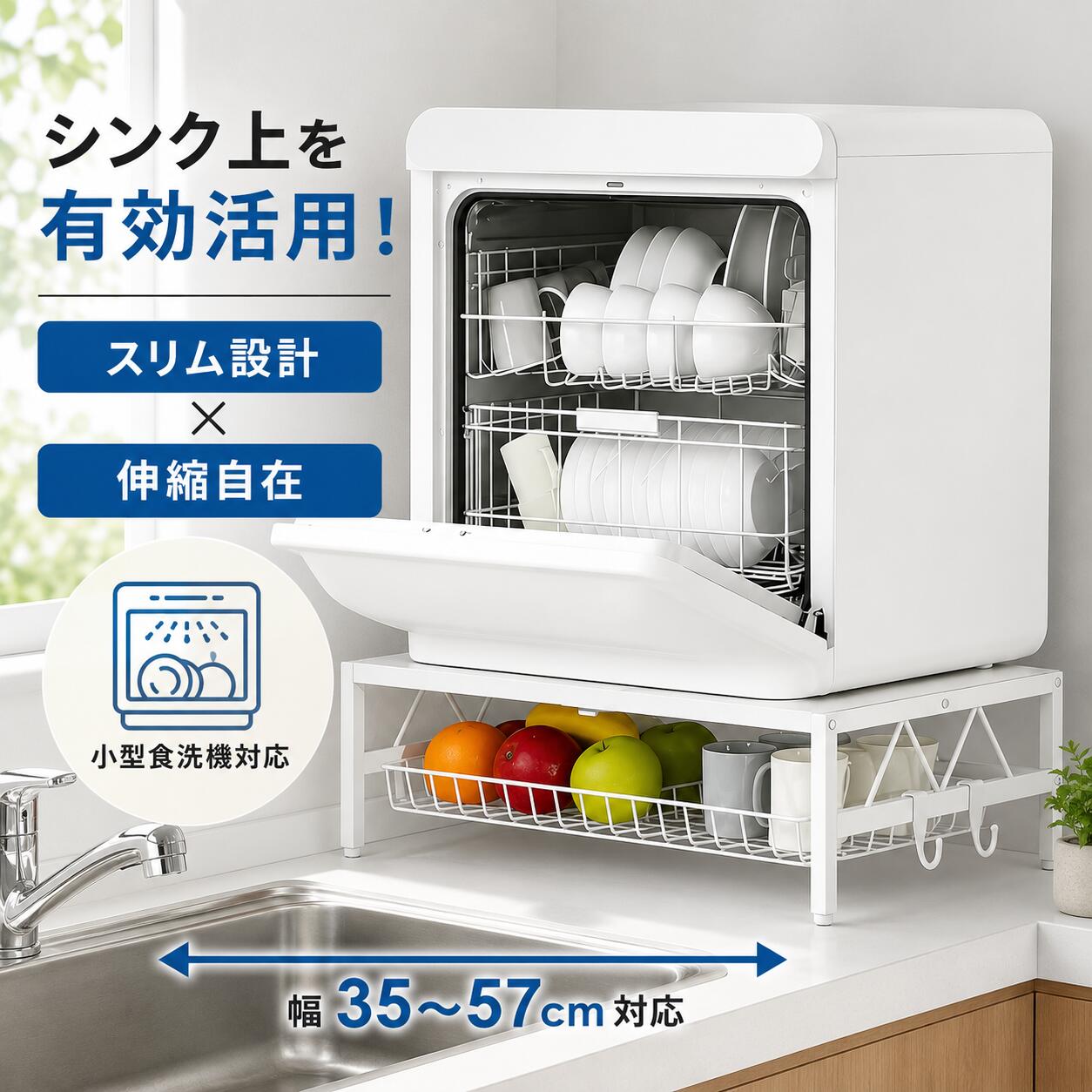 【最大2000円クーポン配布中】】食洗機ラック 伸縮式 幅35~57×奥行36×高さ17cm 段差対応アジャスター付 食洗機台 キッチンラック 耐荷重60kg シンク渡し可能 滑り止め フック2個付 ブラック/ホワイト|daiwa shop123