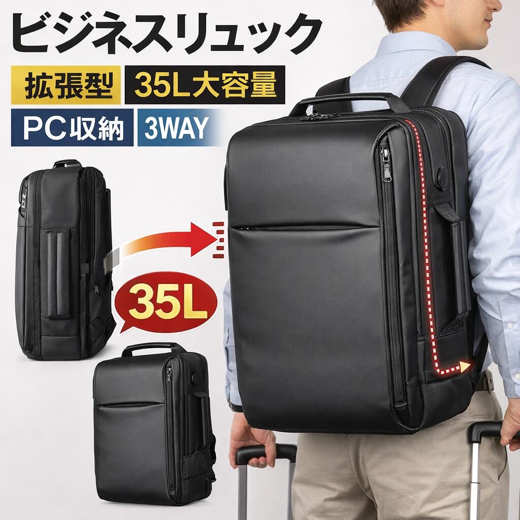 【50％ポイントバック＆最大2000円クーポン配布中】大容量 35L 拡張可能・3WAYビジネスリュック｜スーツケース固定・180度開閉・撥水仕様