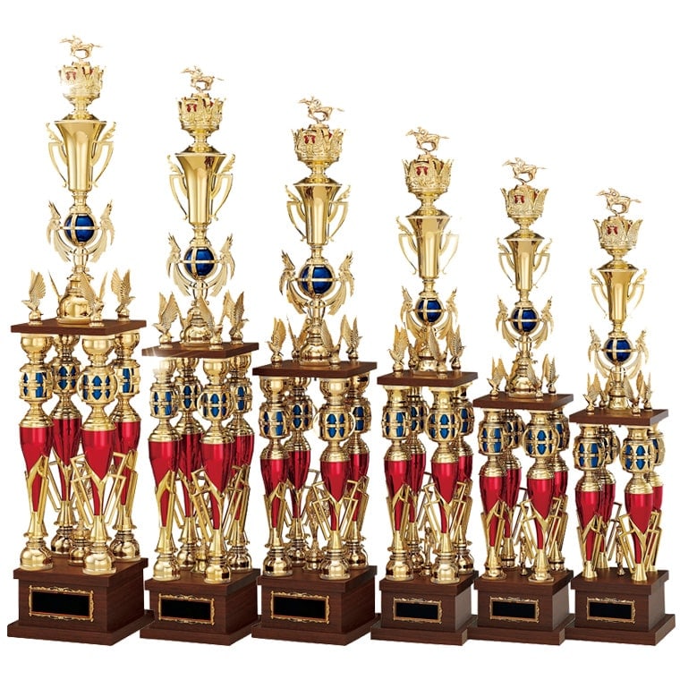 4本柱トロフィー RED&BLUE・樹脂製トロフィー人形付き（高さ80～108cm）T3003【文字彫刻無料】[K]｜トロフィーの王様ダイワ徽章