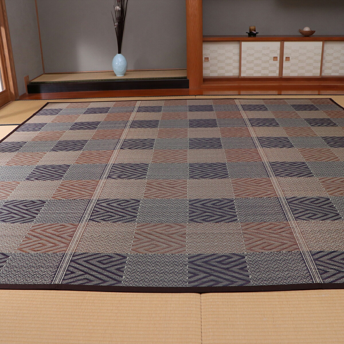【I】【代引不可】イケヒコ 国産い草 花ござ 上敷き 五風 ブラウン 約352×352cm(江戸間8畳)　カーペット ラグ 【北海道・沖縄・離島不可】