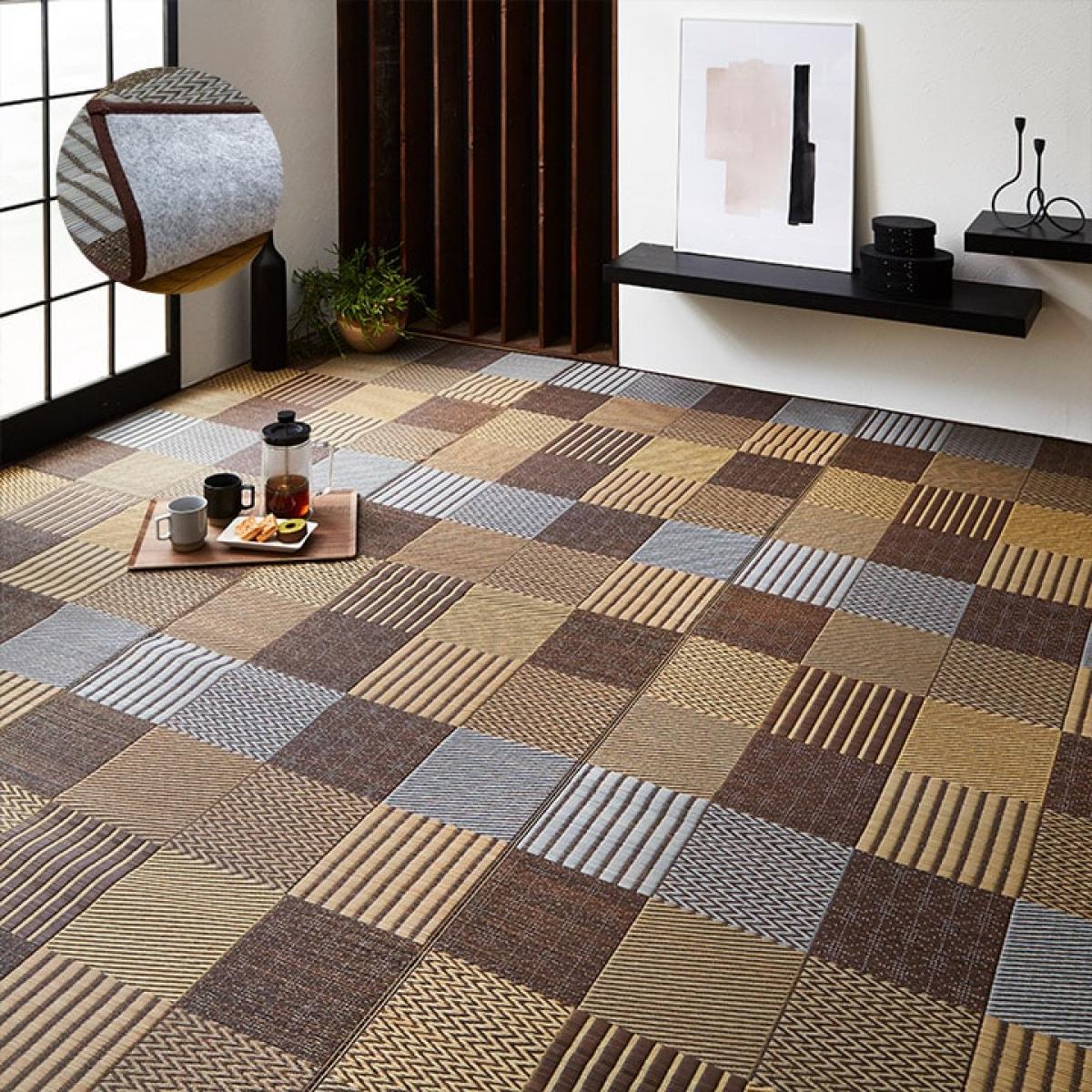 【I】【代引不可】イケヒコ い草 花ござ DX京刺子 江戸間4.5畳(約261&times;261cm) ブラウン 日本製 裏貼り加工 畳 カバー センター い草 ラグ い草【北海道・沖縄・離島不可】｜ダイユーエイト店