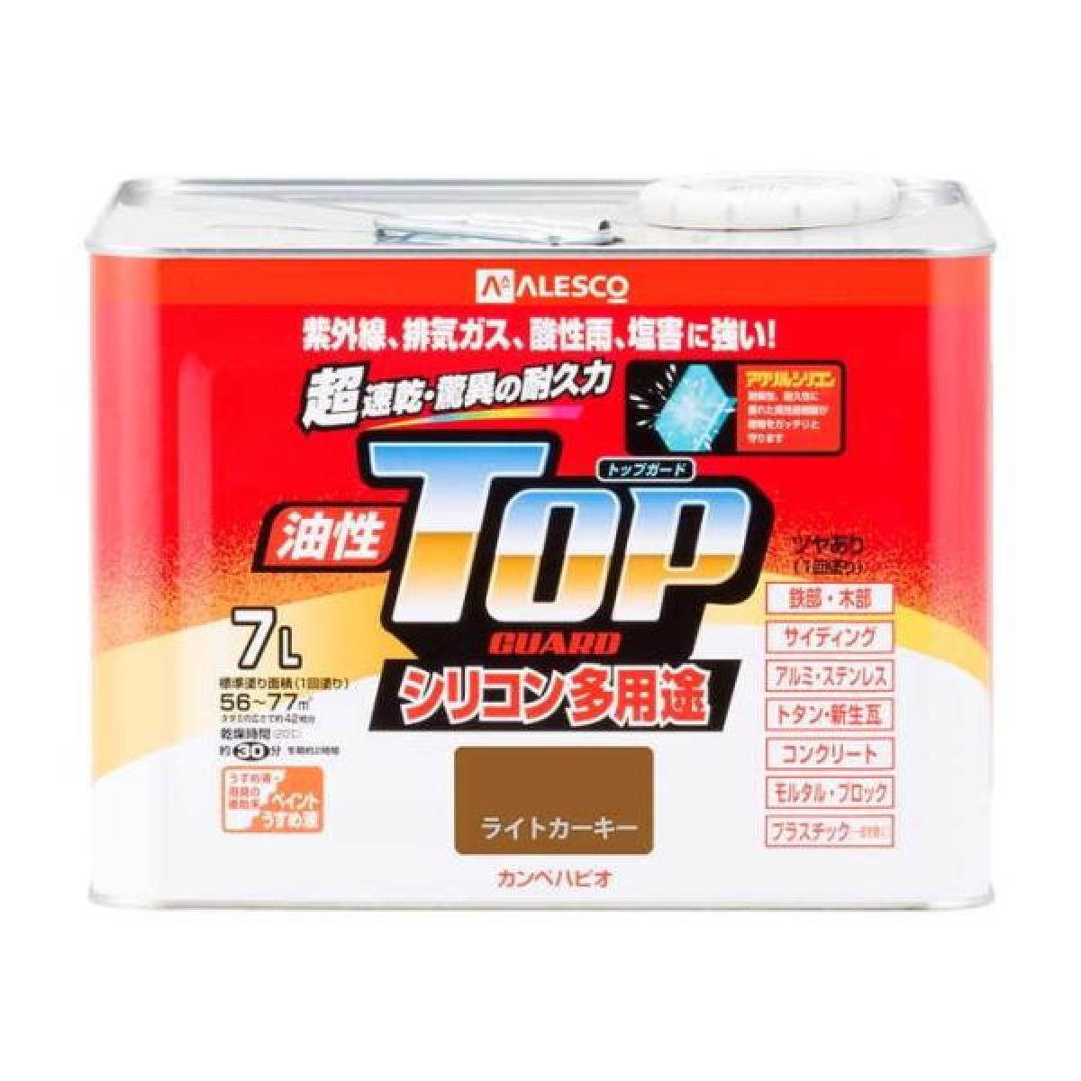 カンペハピオ ペンキ 塗料 油性 つやあり シリコン樹脂 多用途 超速乾 さび止め剤入り トップガード ライトカーキ 7.0L 油性塗料｜ダイユーエイト店