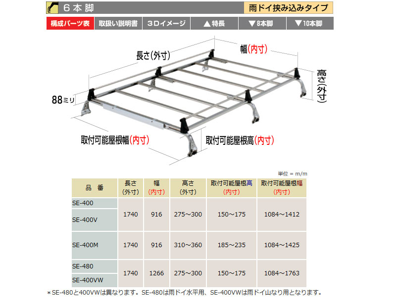 NV100クリッパーリオ ワゴン 標準ルーフ DR64W系 ロッキー キャリア 6本脚 重量物用 SE-400V H25.12〜H27.02 法人のみ配送 送料無料
